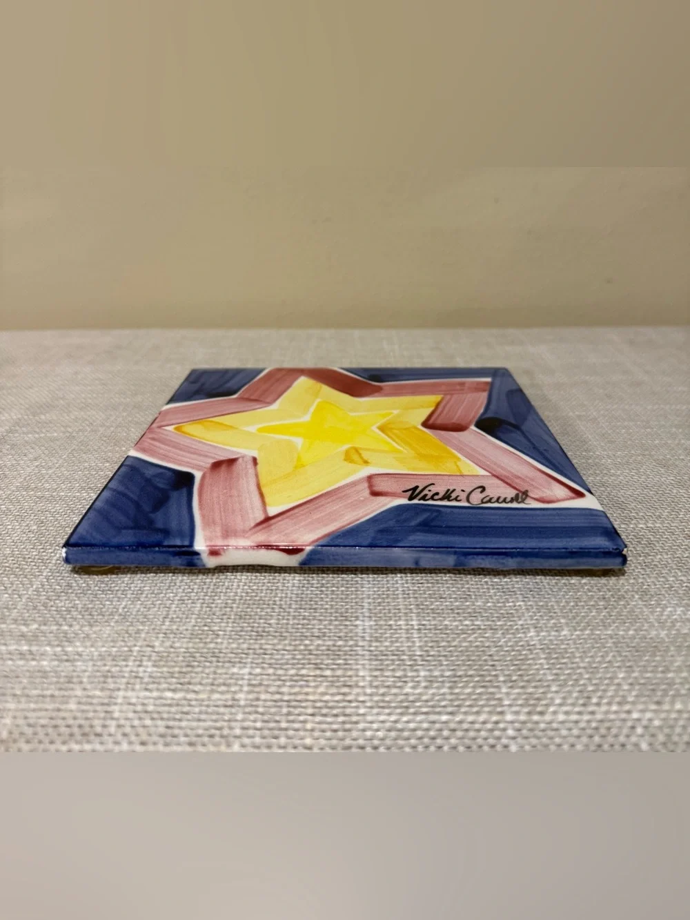 Vtg Vicki Carroll MS Studio Art Hand Painted Ceramic Star Tile Trivet 6